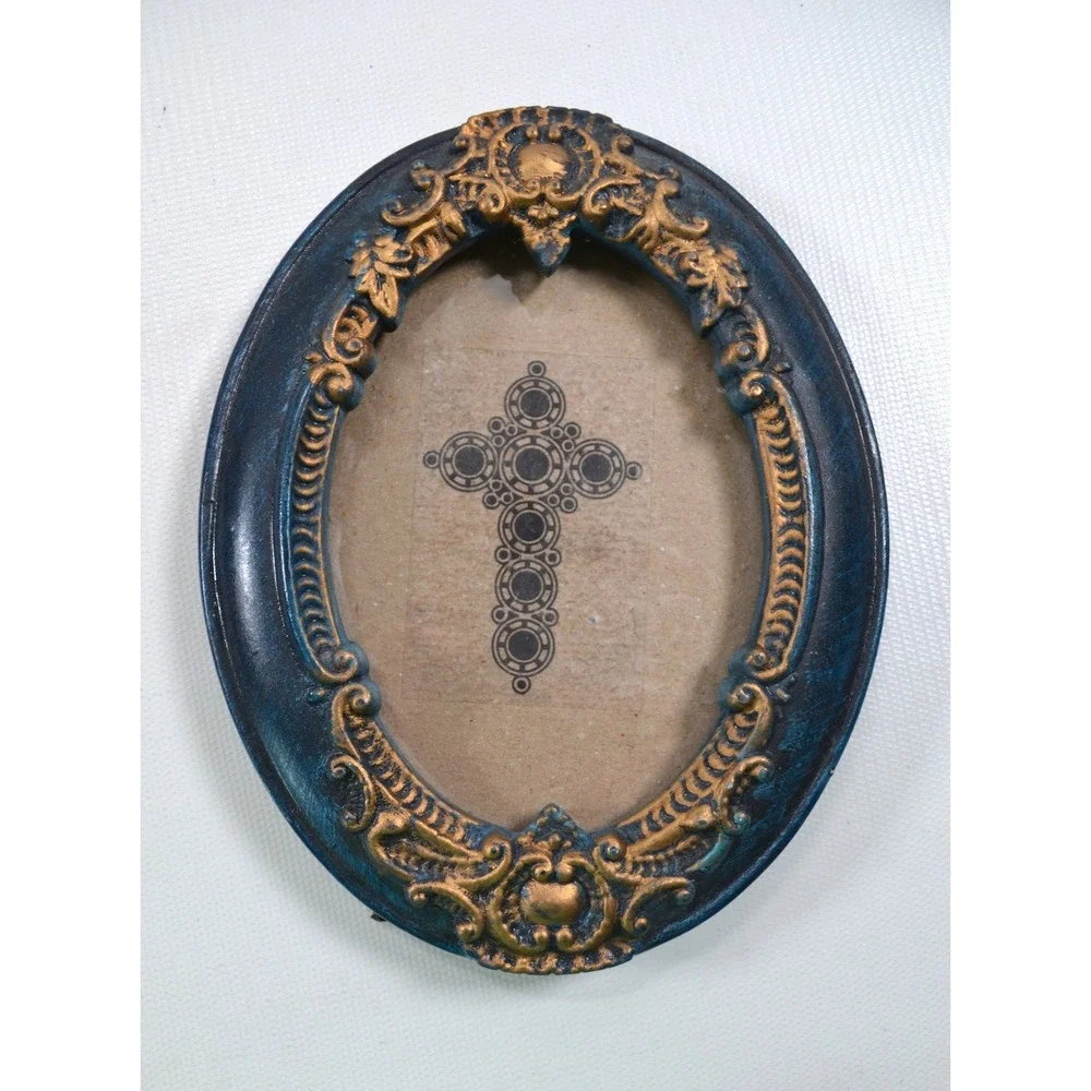 Vintage Style Oval Resin Photo Frame Blue Gold Gilt Ornate Baroque Tabletop
